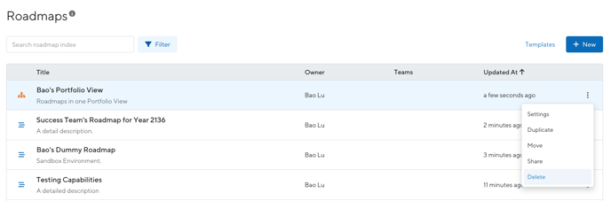 Deleting roadmaps by clicking the ellipsis next to your roadmap.