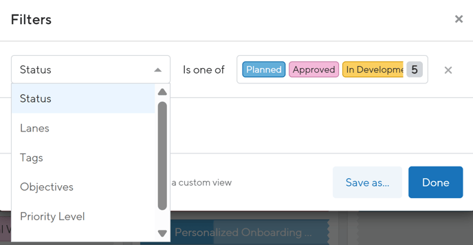 Filter drop-down settings in roadmap